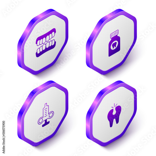 Set Isometric Dentures model, Toothache painkiller tablet, Syringe and Broken tooth icon. Purple hexagon button. Vector