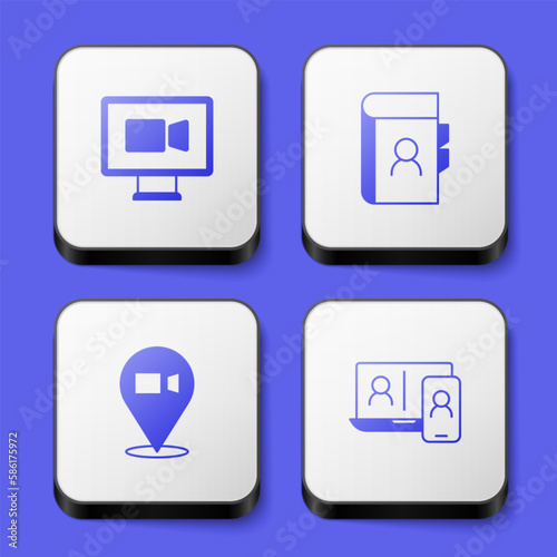 Set Video chat conference, Phone book, and icon. White square button. Vector