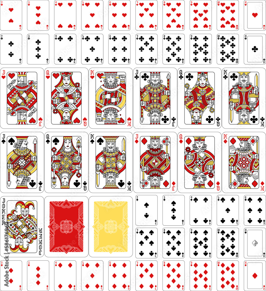 A truly full, complete deck of playing cards in red, yellow and black. All cards including joker plus and backs. An original design in a classic vintage style. Standard poker size.