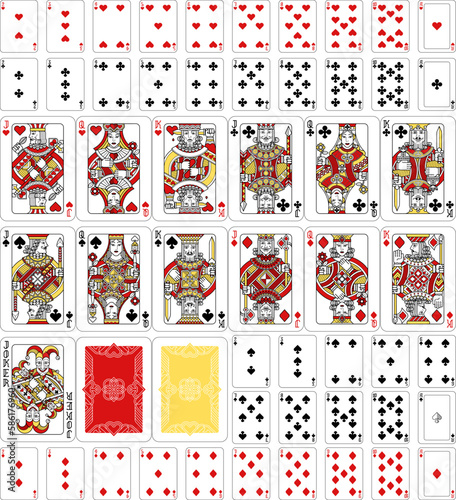 A truly full, complete deck of playing cards in red, yellow and black. All cards including joker plus and backs. An original design in a classic vintage style. Standard poker size.
