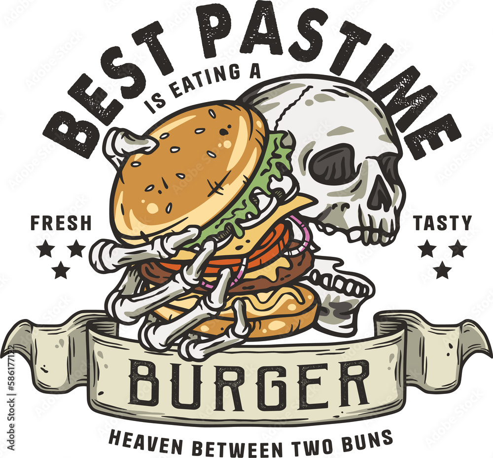 Burger in skeleton hands. American fast food or USA food with skull, bones and burger with meat, cheese and vegetable for logo or poster