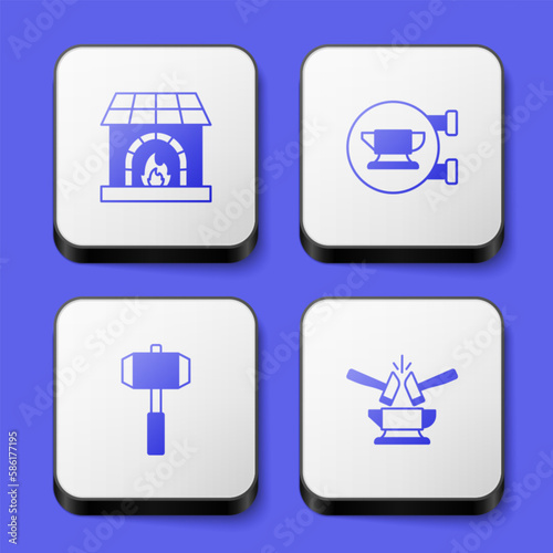 Set Blacksmith oven, anvil tool, Sledgehammer and Anvil and icon. White square button. Vector