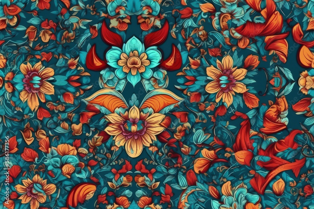 floral pattern with blue and orange flowers created with Generative AI technology