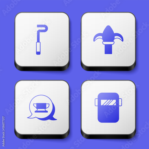 Set Fire poker, Classic iron fence, Blacksmith anvil tool and Welding mask icon. White square button. Vector