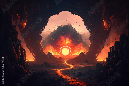 Fiery road to hell, transition to the portal, the underworld. Mystical horror illustration Generative AI