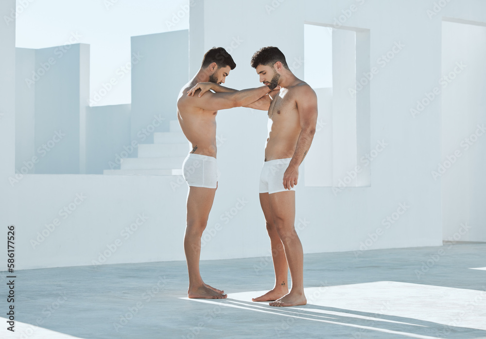 Connection, gay and men touching arms for LGBTQ, power and creative  contemporary art. Love, artistic and homosexual male couple or friends  standing in underwear by a white open outdoor space. Photos