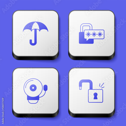Set Umbrella, Cyber security, Ringing alarm bell and Open padlock icon. White square button. Vector
