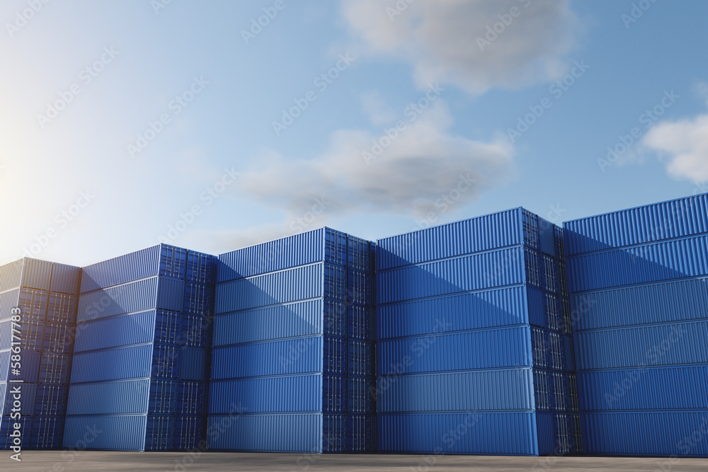 Freight blue containers in a harbor