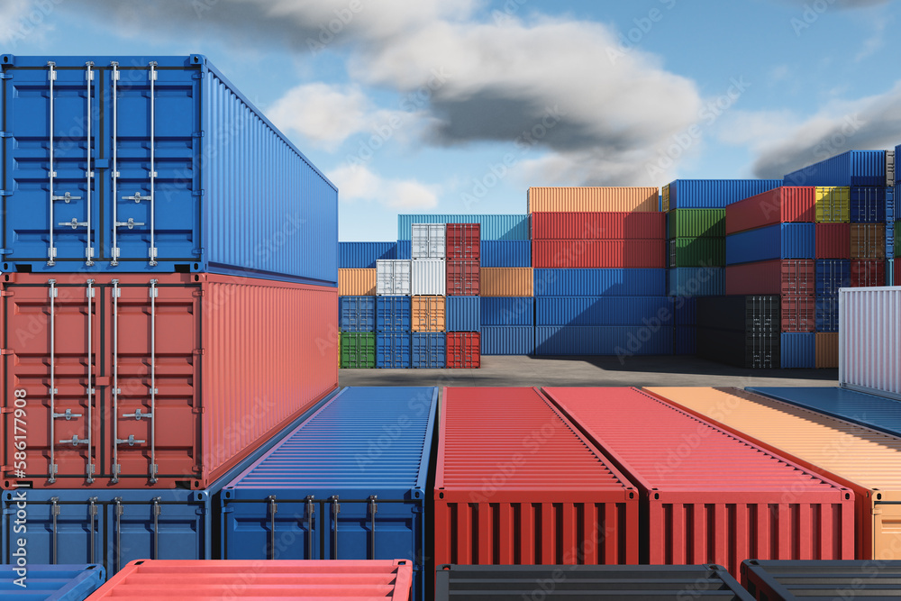 Fototapeta premium Lots of long cargo containers stacked at the terminal/port for import export business. Logistics, unloading, loading, storage, cargo sorting