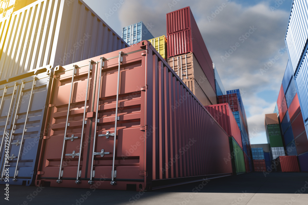 Fototapeta premium Lots of long cargo containers stacked at the terminal/port for import export business. Logistics, unloading, loading, storage, cargo sorting