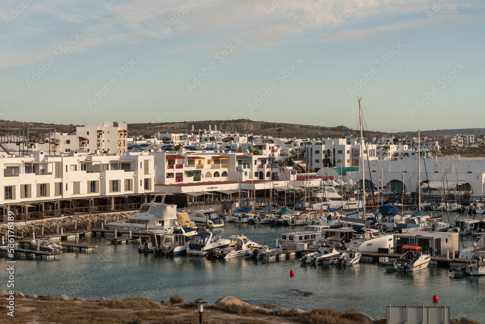 Langebaan, West Coast, South Africa. 2023.Overview of the harbour and marina at Club Mykonos a Greek style resort near Langebaan, South Africa.