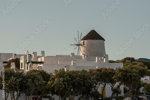 Langebaan, West Coast, South Africa. 2023. Overview of  windmill and Greek style architecture  at Club Mykonos a Greek style resort near Langebaan, South Africa. photo