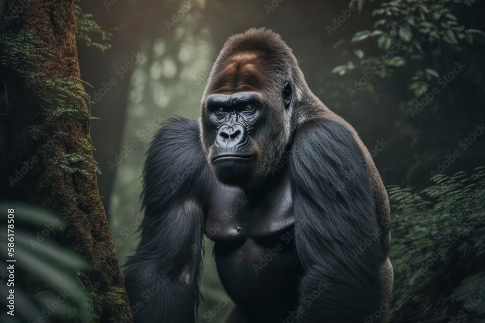 An enlarged view of a gorilla in the forest as a digital illustration (Generative AI)
