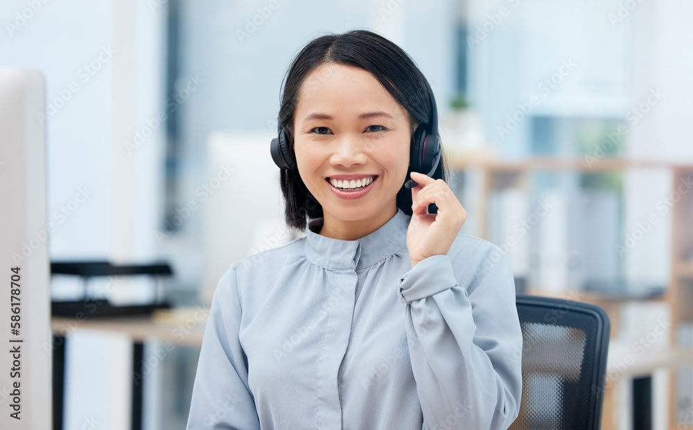 Woman, call center and happy in portrait, communication and CRM, headset with mic in office. Contact us, customer service or telemarketing, Asian female consultant with smile and help desk