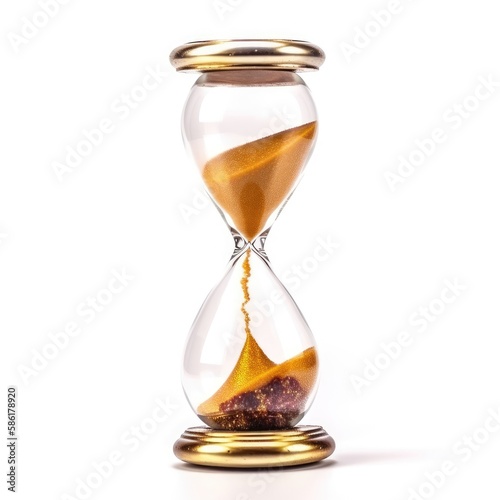 Golden sand hourglass on white background, symbol of time running out. Countdown to deadline, time management and urgency concept. Generative AI