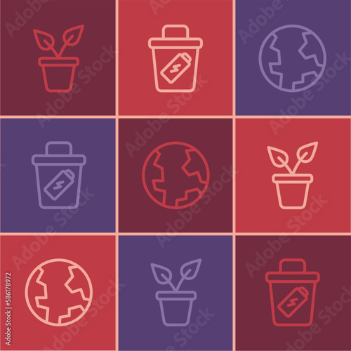 Set line Plant in pot  Earth globe and Trash can icon. Vector