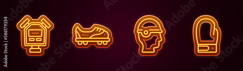 Set line Stopwatch, Football shoes, Baseball helmet and Boxing glove. Glowing neon icon. Vector