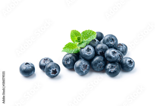 Blueberries with mint leaves  on white backgrounds