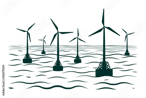 Marine wind turbines generator energy. Flat vector illustration