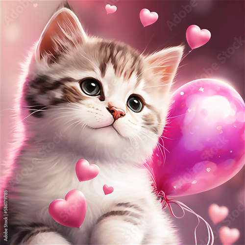 Cute kitten in firework hearts on pink background. Generated AI.