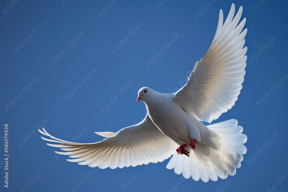 A white dove of peace flies in front of a blue sky as a digital illustration (Generative AI)