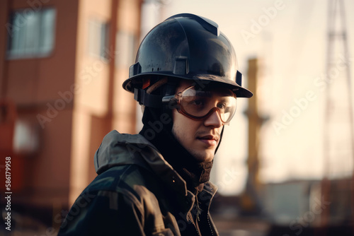 Portrait of man in protective helmet and glasses, oil manufacturer, AI GENERATIVE © Polina Zait