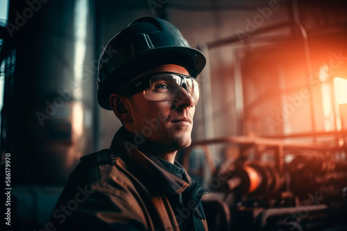 Portrait of oil production technician in protective helmet, AI GENERATIVE