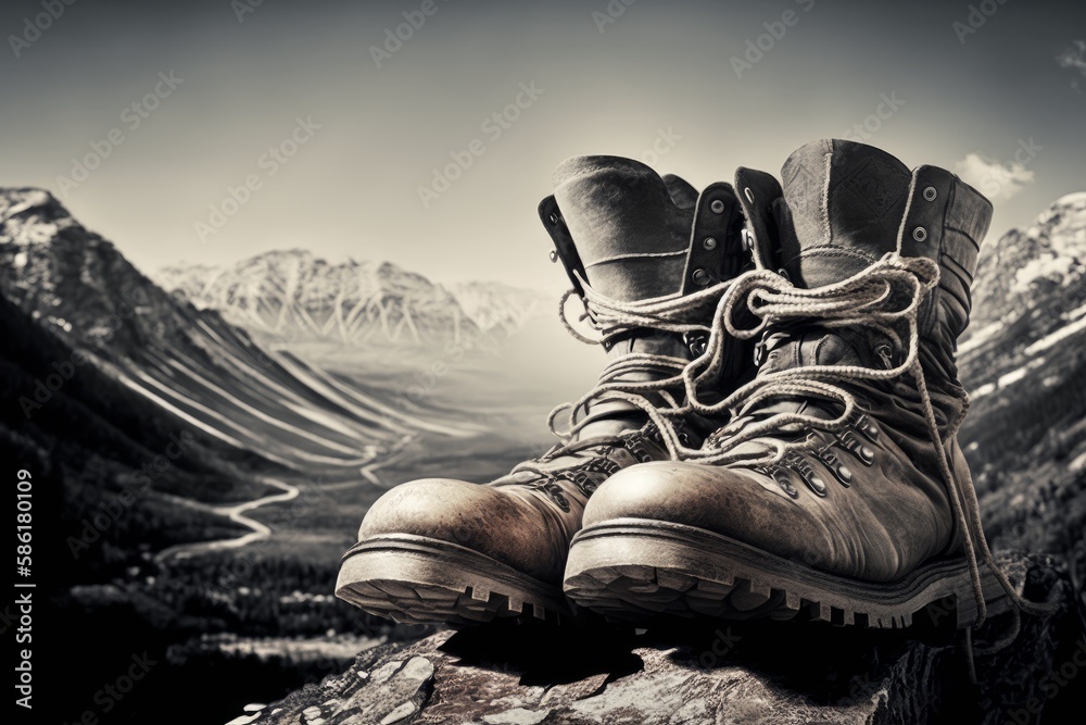 Pair of hiking boots in mountainous terrain as digital illustration (Generative AI)