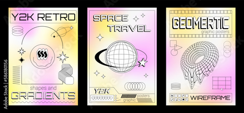 Three graphic posters in Y2K style with geometric elements, frames, wireframe model, planet and decorative symbols.
