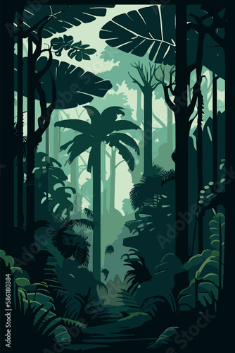 Tropical eco forest. Vertical panorama of the tropical forest. Forest vector illustration.