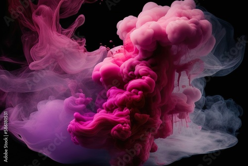 Abstract background of red-pink ink droplets in water or brightly colored mist smoke. Free spiral under the water of color. AI-generated images