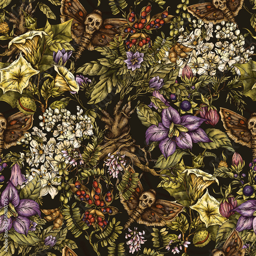 Vintage witchcraft poisonous flowers and plants seamless pattern with skull moth
