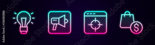 Set line Light bulb, Megaphone, Target financial goal and shopping bag and dollar. Glowing neon icon. Vector