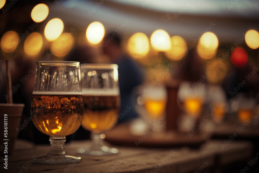 Generative Ai of beer glasses and blurred people in the background. Octoberfest concept. Generative Ai of beer glasses and blurred people in the background. Octoberfest concept.