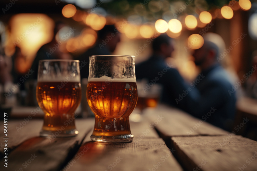 Generative Ai of beer glasses and blurred people in the background. Octoberfest concept. Generative Ai of beer glasses and blurred people in the background. Octoberfest concept.
