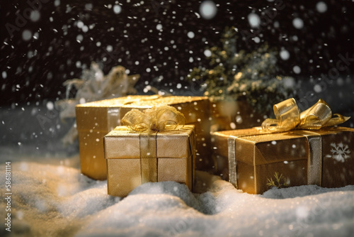   Elegant golden Christmas presents under the tree. Generative AI.   © belyaaa