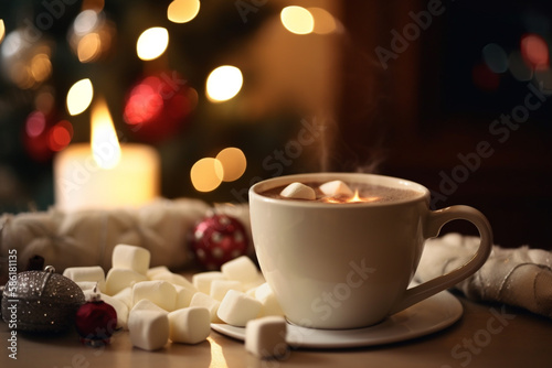Generative Ai of a cup with hot chocolate in a cozy home decorated for Christmas. 