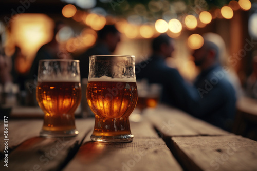 Generative Ai of beer glasses and blurred people in the background. Octoberfest concept. 