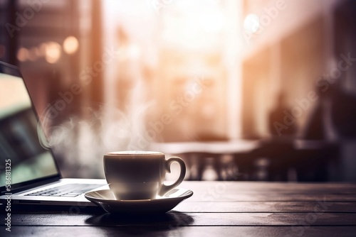 Blurred Cafe Table Background. Close-up Laptop and Coffee Cup on Tabletop for Business Workplace and Technology