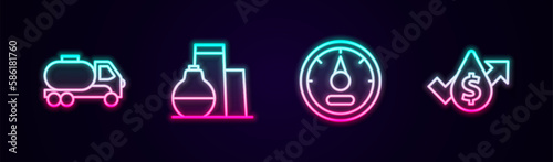 Set line Tanker truck, Oil tank storage, Motor gas gauge and price increase. Glowing neon icon. Vector