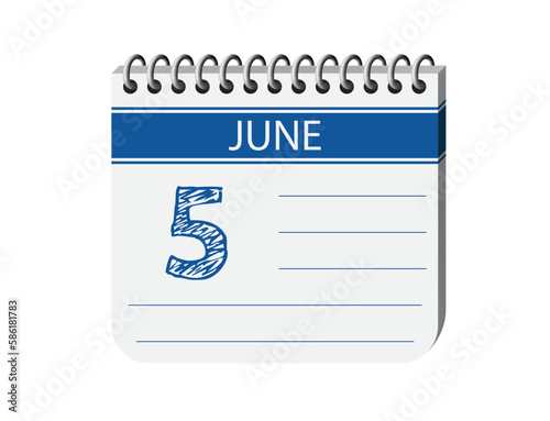 5 june calendar page vector. 3d one day calendar date appointment, deadline, event reminder illustration. Abstract three dimensional daily date calendar.
