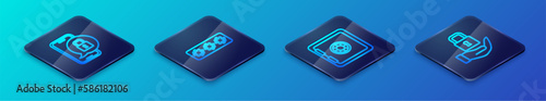 Set Isometric line Safe, Mobile with closed padlock, Lock and Password protection icon. Vector