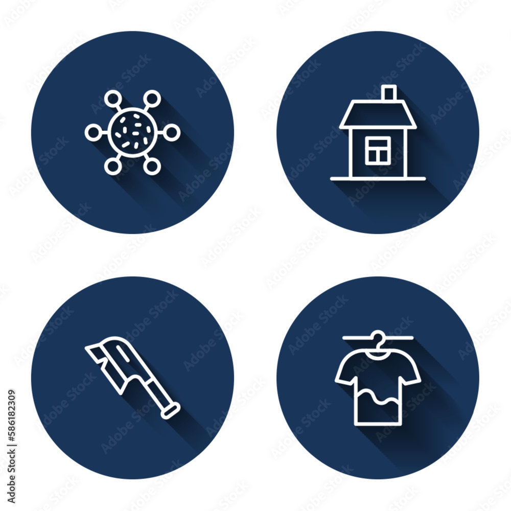 Set line Bacteria, House, Brush for cleaning and Drying clothes with long shadow. Blue circle button. Vector Set line Bacteria, House, Brush for cleaning and Drying clothes with long shadow. Blue circle button. Vector