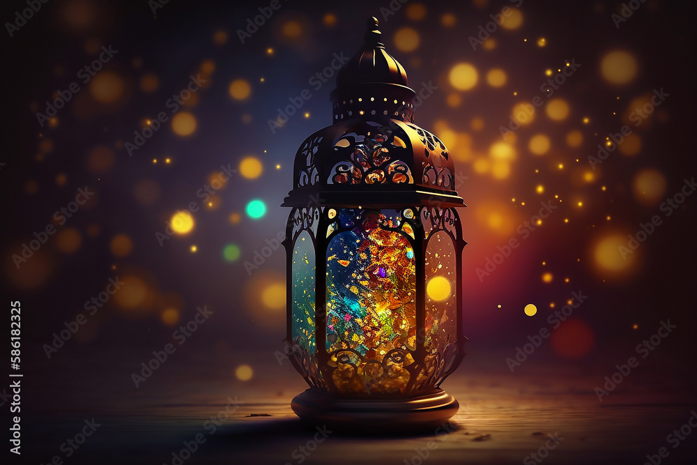 Lantern with a candle inside on a dark background, flickering light, luminescence, glowing lights, islamic wallpaper, ramadan background generated ai Lantern with a candle inside on a dark background, flickering light, luminescence, glowing lights, islamic wallpaper, ramadan background generated ai