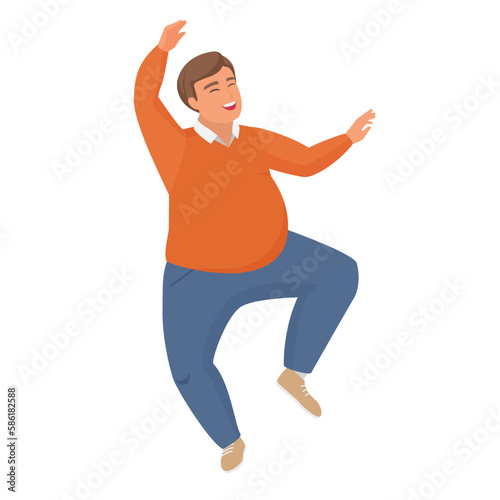 Excited fat boy. Jumping chubby man, obese man with happy reaction vector cartoon illustration
