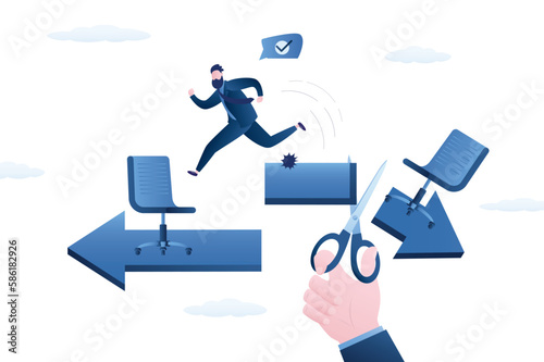 Ambitious male employee changes job. Boss hand cuts off arrow, dismissal from work. Improving working conditions, person goes to work in promising team.