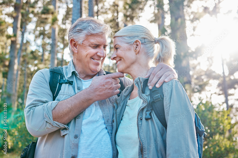 Love, nature and senior couple on a hike together in a forest while on ...