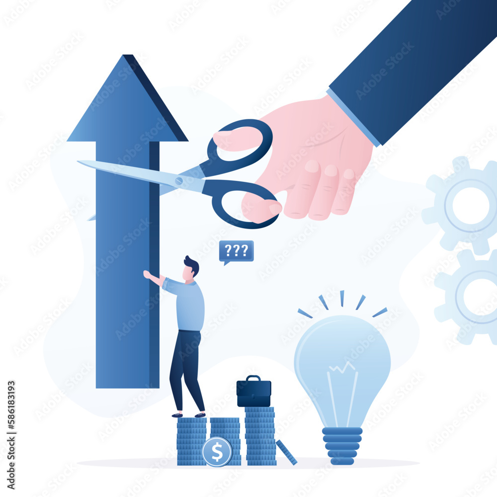 Entrepreneur is holding big arrow, hand uses scissors and cuts off part of growing arrow. Economic crisis reduces profit of enterprise. Lack of development during recession. Entrepreneur is holding big arrow, hand uses scissors and cuts off part of growing arrow. Economic crisis reduces profit of enterprise. Lack of development during recession.