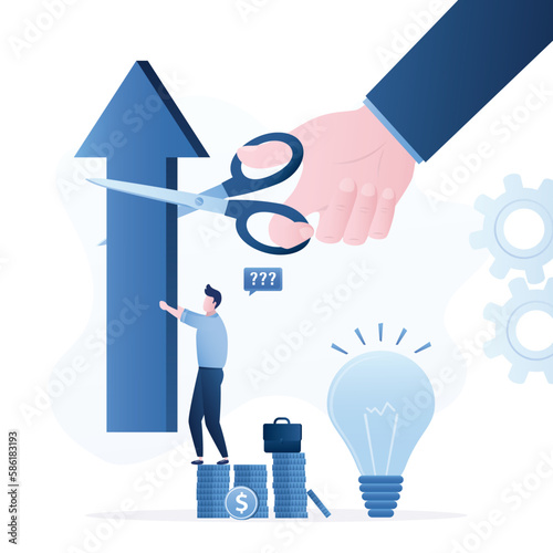 Entrepreneur is holding big arrow, hand uses scissors and cuts off part of growing arrow. Economic crisis reduces profit of enterprise. Lack of development during recession.