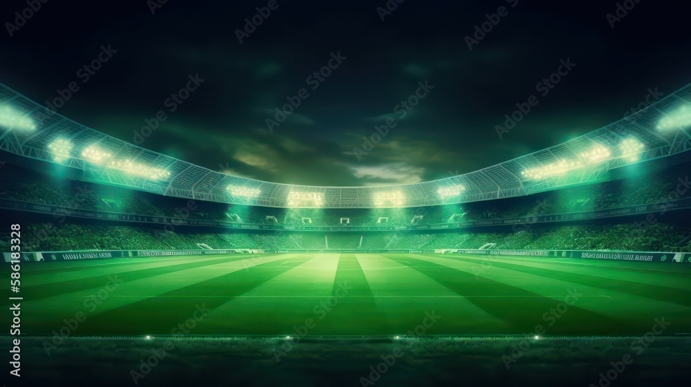 universal grass stadium illuminated by spotlights and empty green grass playground. Generative AI - obrazy, fototapety, plakaty 